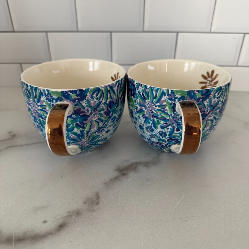 Lilly Pulitzer Ceramic Coffee Tea Cup Mug Tiger Lily Floral Set Of 2 Gold Handle - Picture 6 of 7